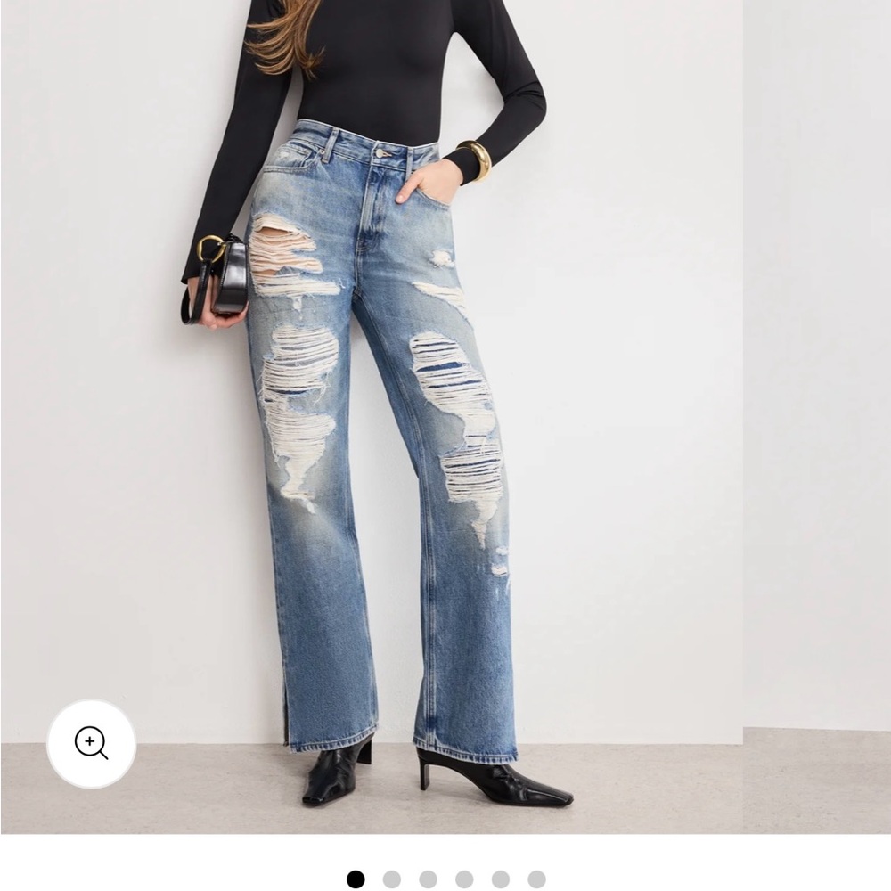 Good American Medium Blue Distressed Wide Leg Jeans